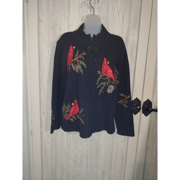 Tiara International Cardigan Size X-Large Black Sweater Cardinal Sequin Holiday - Picture 6 of 12